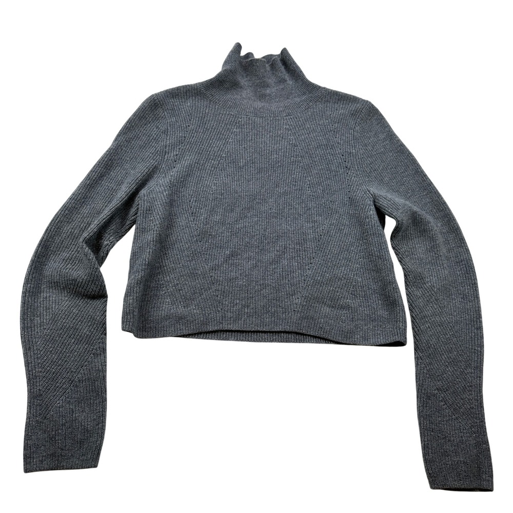 Elie Tahari Cashmere Cropped Sweater Gray Ribbed Turtleneck Puffed Sleeves Small